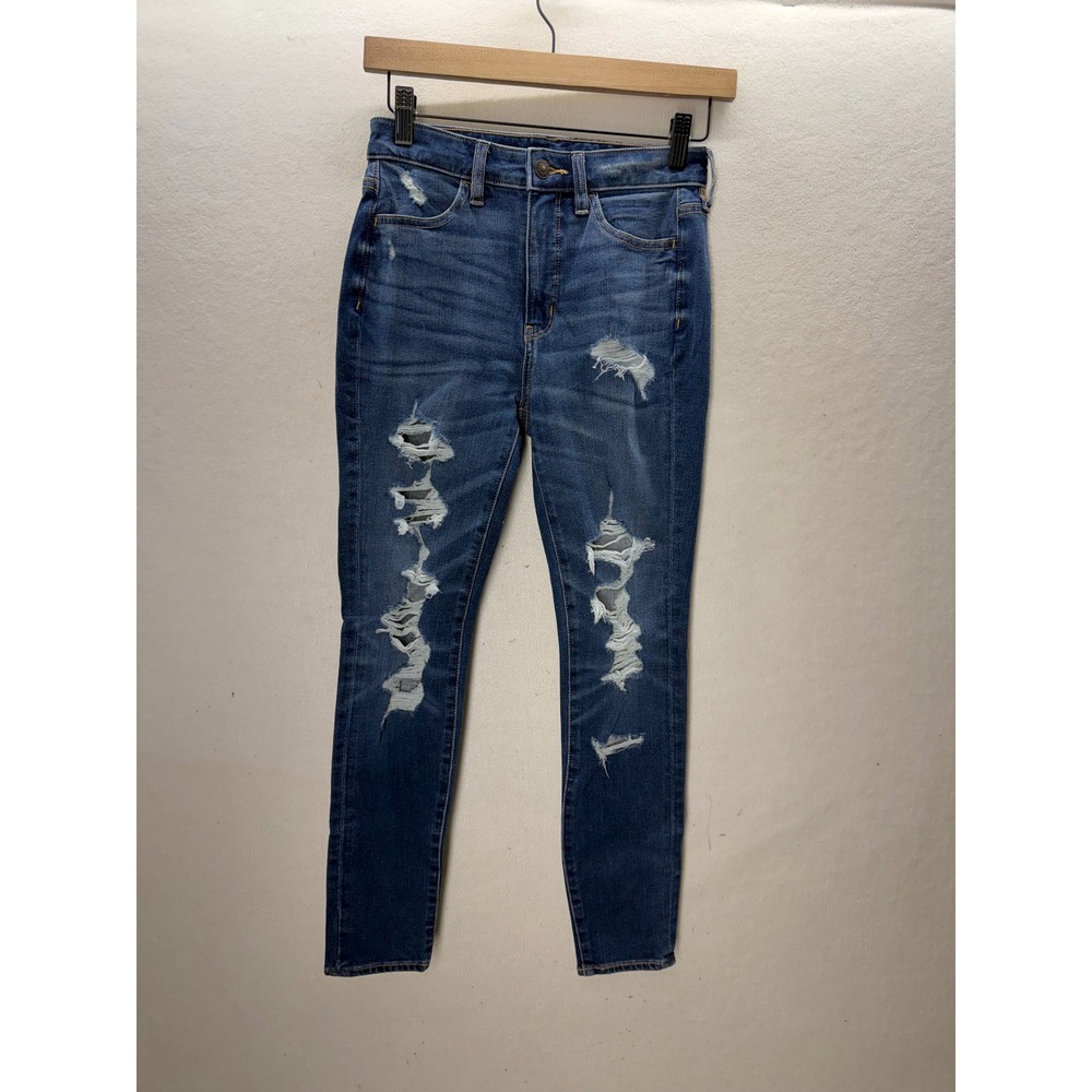 American Eagle Super Hi-Rise Jegging Women 0 Short Blue Distressed Denim 3629